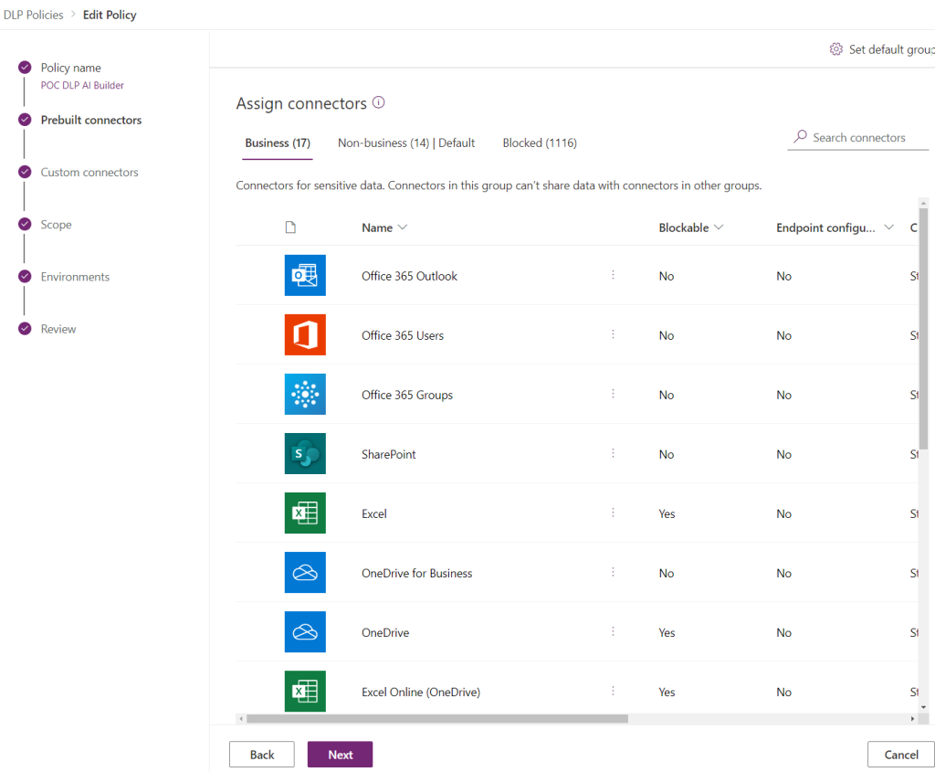 DLP policy wizard on the Prebuilt connectors step with Business connectors tab